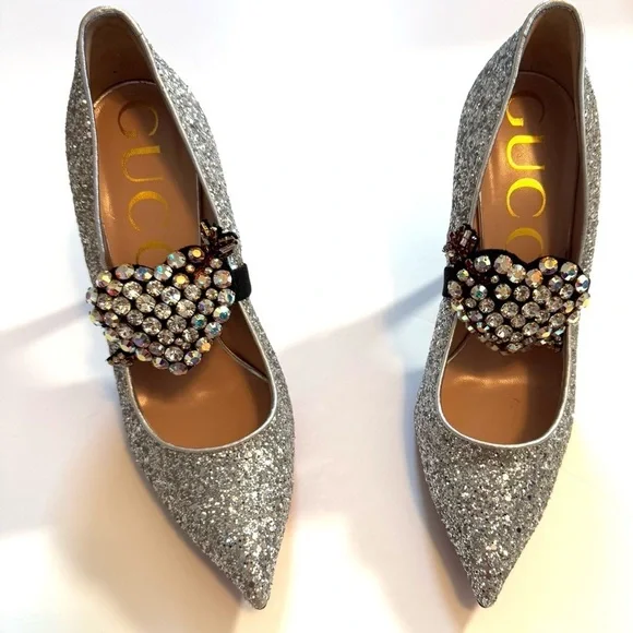 Gucci Argento silver glitter pumps with removable heart crystal detail - Picture 8 of 12